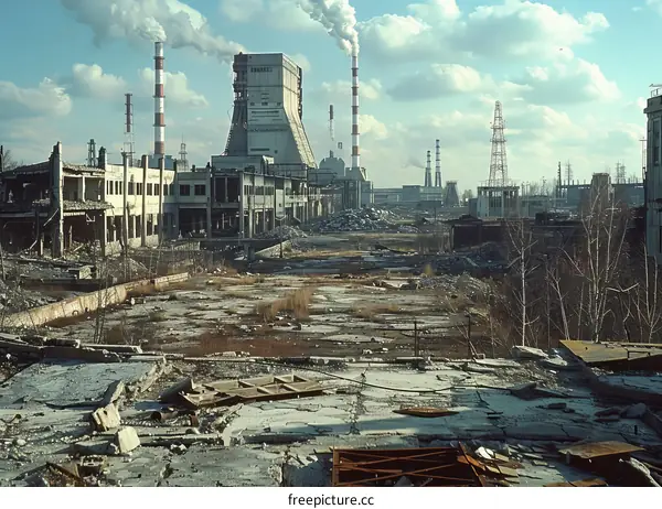 An abandoned industrial factory with broken windows and overgrown vegetation