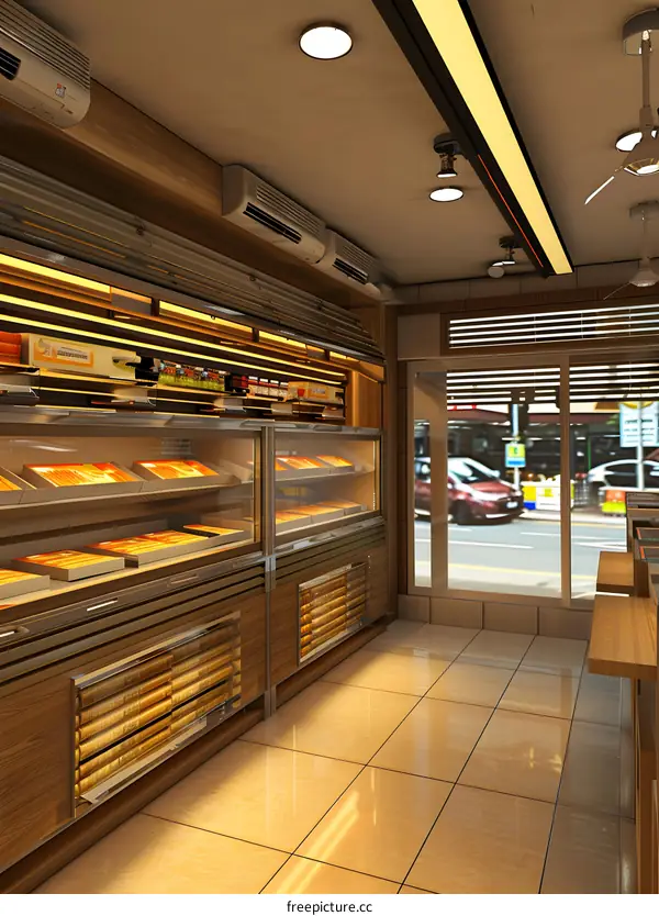 Bakery Shop Interior Design with Glass Display Case and Wooden Shelves
