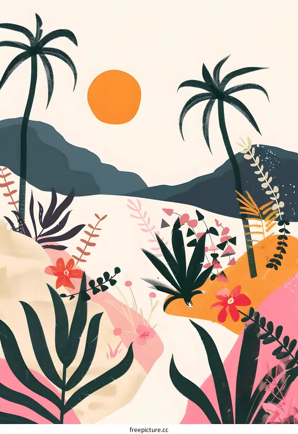 Tropical Landscape Illustration with Palm Trees and Flowers
