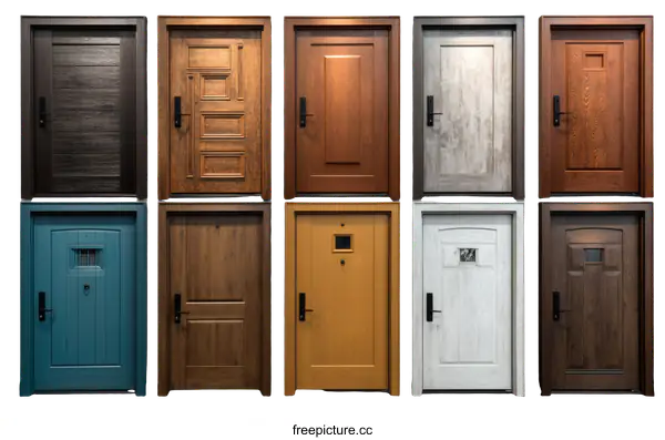 [Transparent Background PNG]Variety of Exterior Doors Displayed in a Showroom