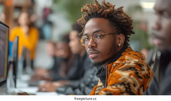 Portrait of a young African-American man with dreadlocks wearing glasses and a colorful jacket