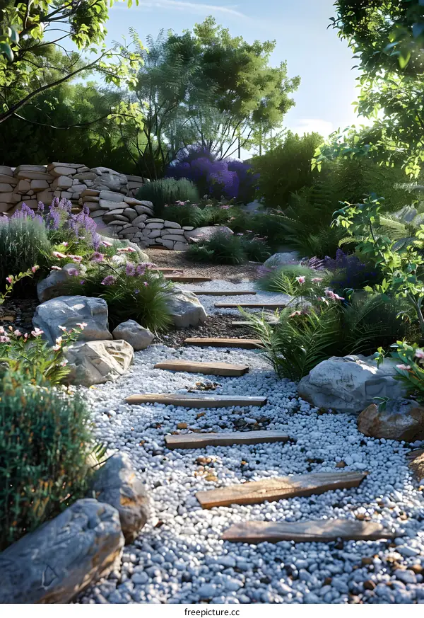 Pebble path through a lush garden