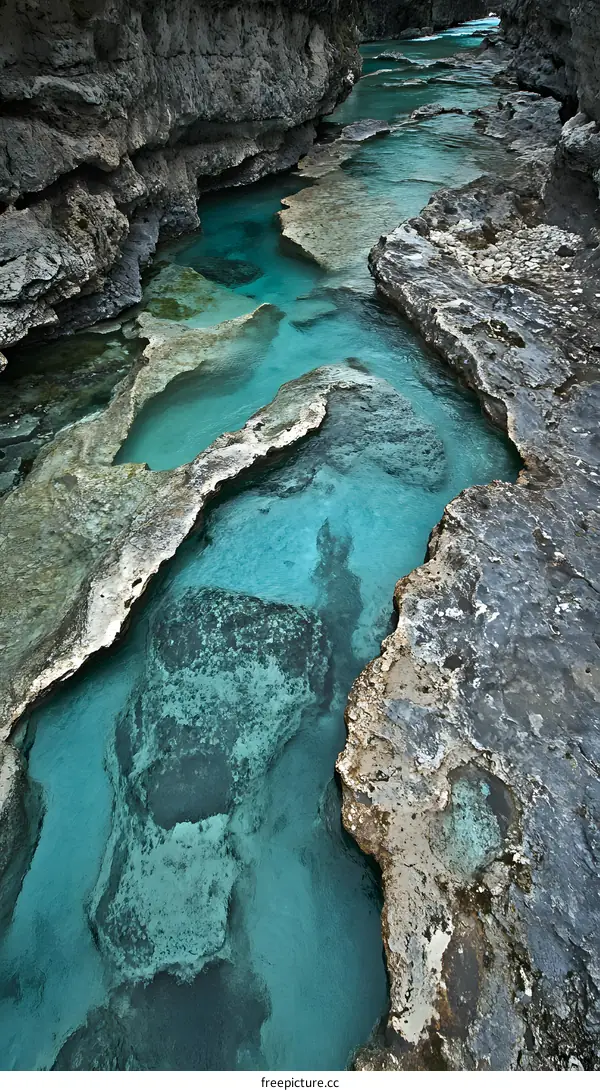 Turquoise Water Flowing Through Rocks