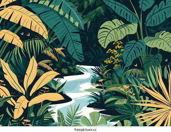 Tropical Rainforest Illustration with a Stream