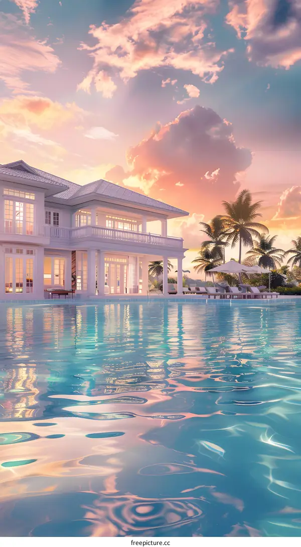 White Villa with Pool and Sunset Sky