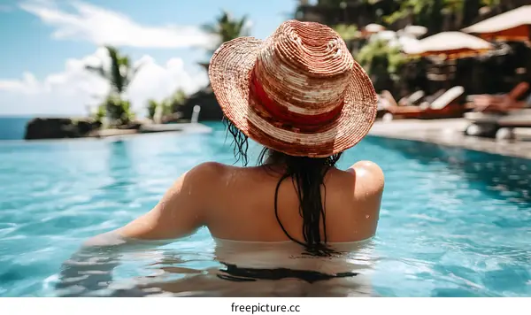 Woman in a Straw Hat Relaxing in a Pool