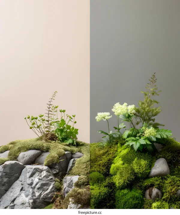 Minimalist Nature Still Life with Moss Rocks and Plants