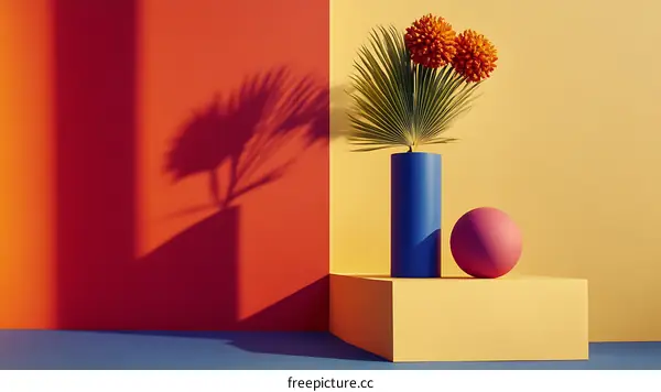 Abstract Minimalist Still Life with Palm Leaves and Geometric Shapes in a Colorful Background