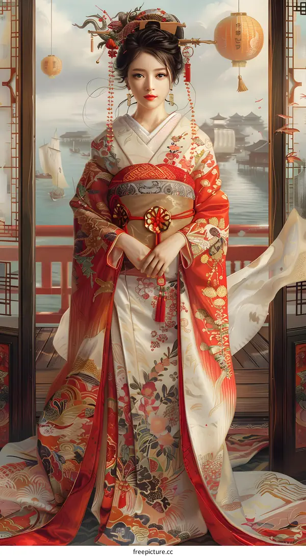 Japanese Woman in Traditional Kimono With Red Dragon Hairpiece