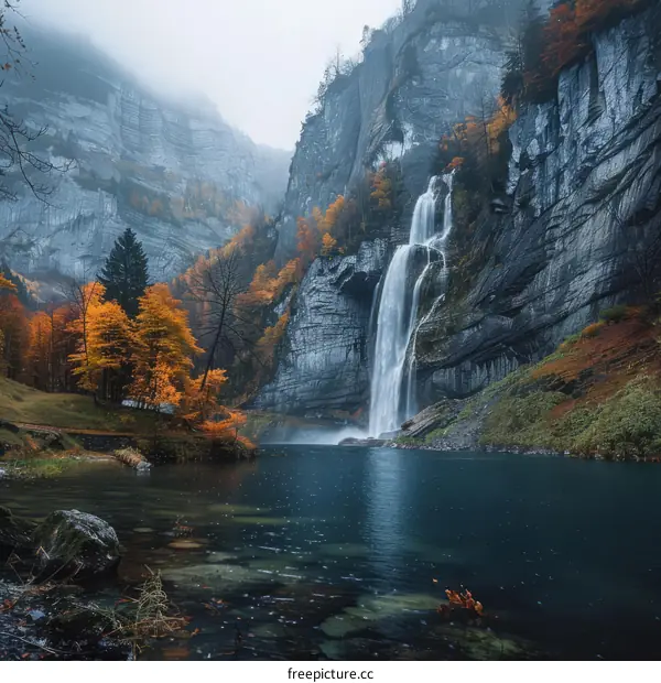 Mountainous waterfall in a valley with colorful autumn trees and a lake in the foreground