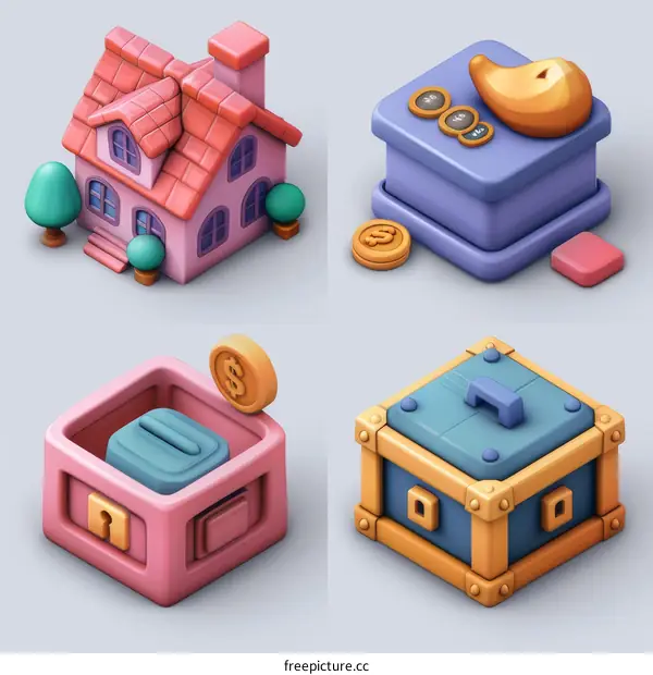 3D isometric house, piggy bank, treasure chest, safe