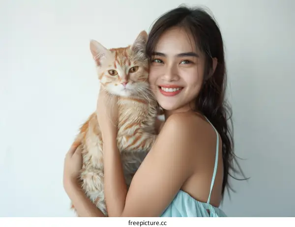 A young woman is smiling and hugging an orange cat