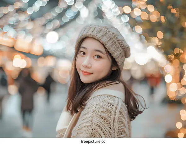 Smiling Woman Wearing a Knitted Hat Looking Back with Lights in the Background