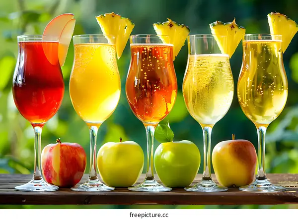 Five Glasses of Sparkling Cider with Pineapple and Apple Garnish