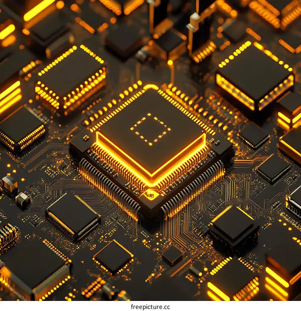 High-tech Circuit Board with Illuminated Chips