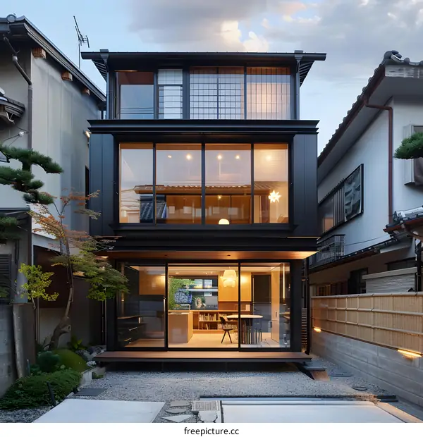 Modern Black and Wood House with Large Windows