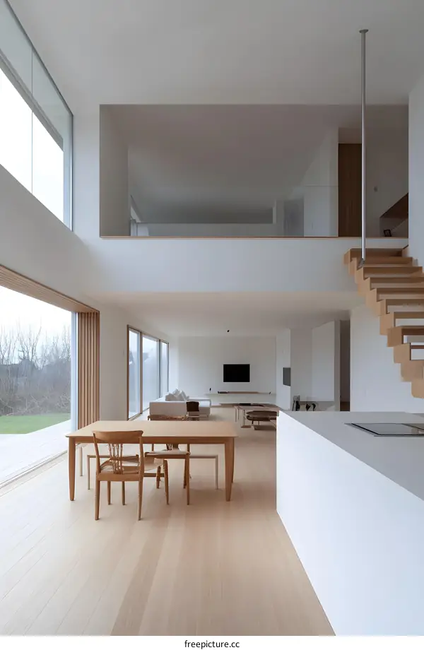 Modern Minimalist Home Interior Design with Wooden Stairs and Large Windows