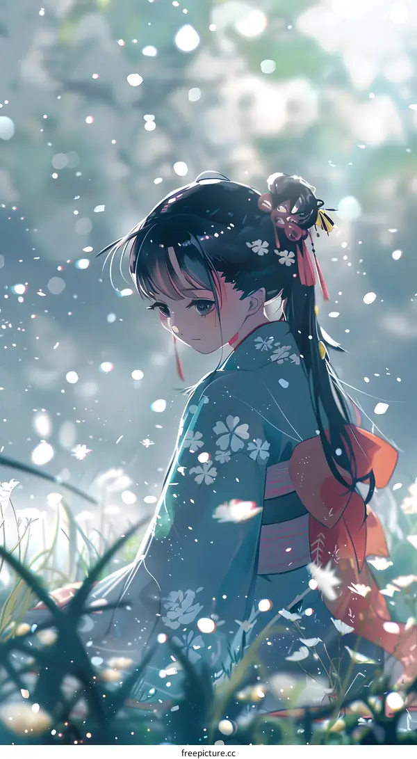 Anime Girl in Kimono Wearing Flowers