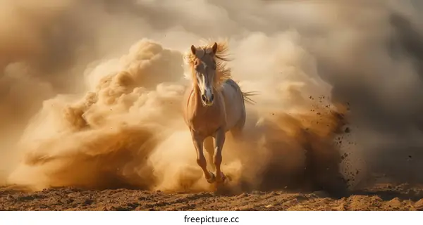 A beautiful palomino horse running free in the desert