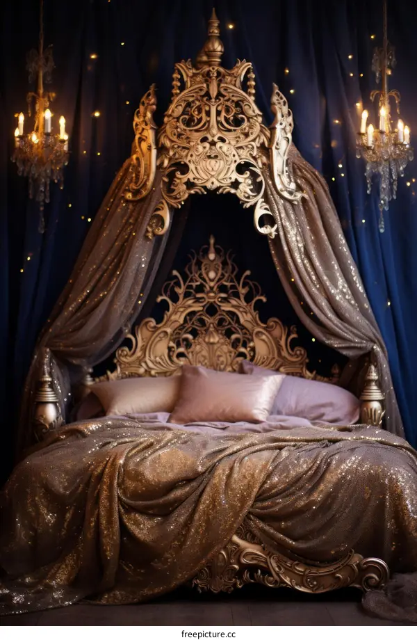 Ornate golden canopy bed with twinkling lights