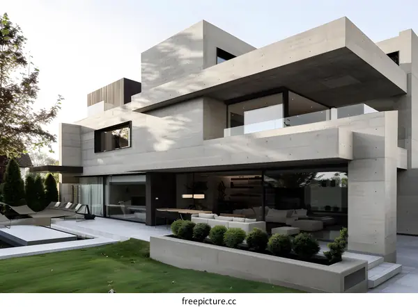 Modern Concrete House with Pool and Lush Green Lawn