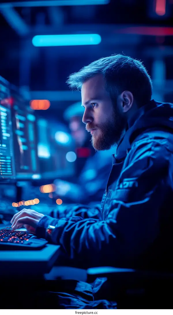 Focused Programmer in a Blue Lit Room