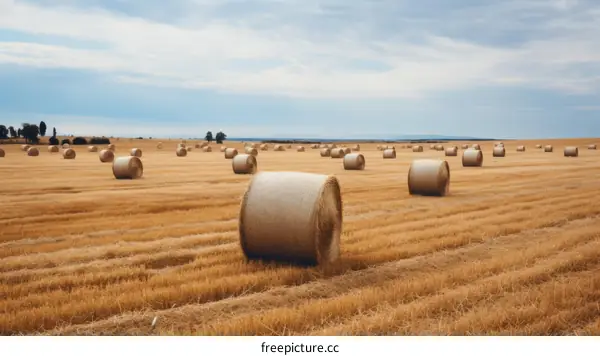 Field of hay bales under blue sky