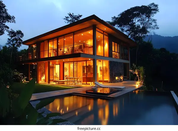 Modern House with Swimming Pool at Night