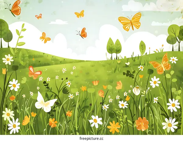 Springtime Meadow with Butterflies and Flowers