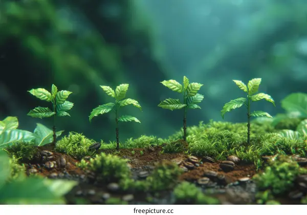 Four coffee plants growing in a lush green environment with rich soil