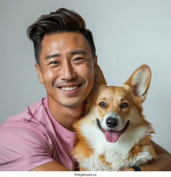 Asian man smiling with his corgi dog