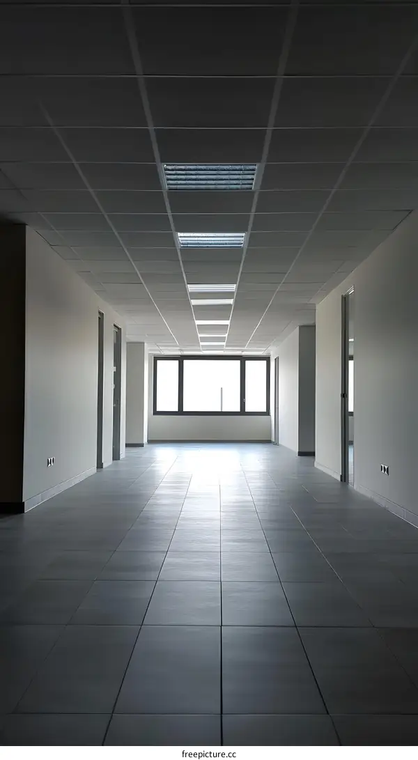 Modern Office Hallway with Grey Tiles and Bright Window