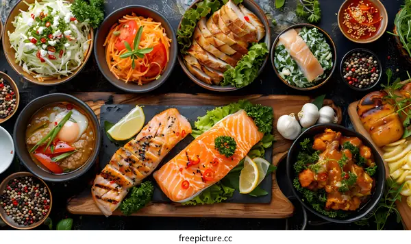 Various dishes of food on a table