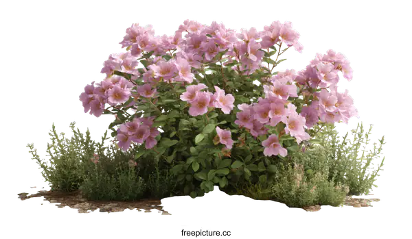 [Transparent Background PNG]Pink Flowers and Shrubs in a Garden Setting