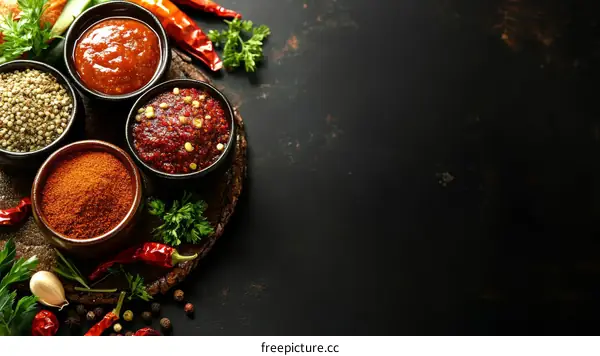 Assorted Sauces and Spices on a Wooden Tray