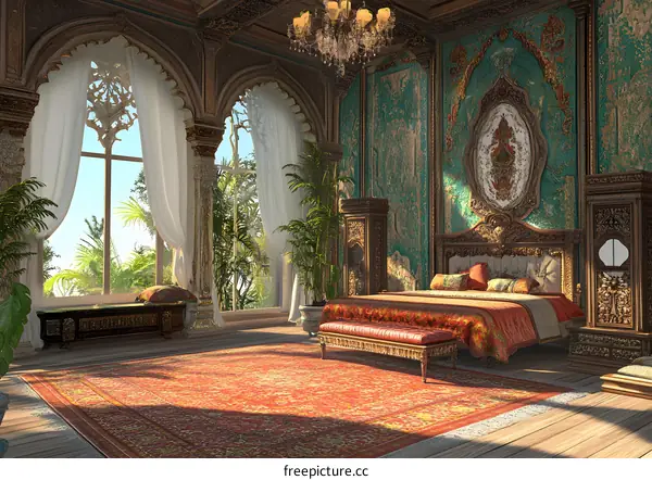 Luxury Bedroom With Ornate Design And Large Windows