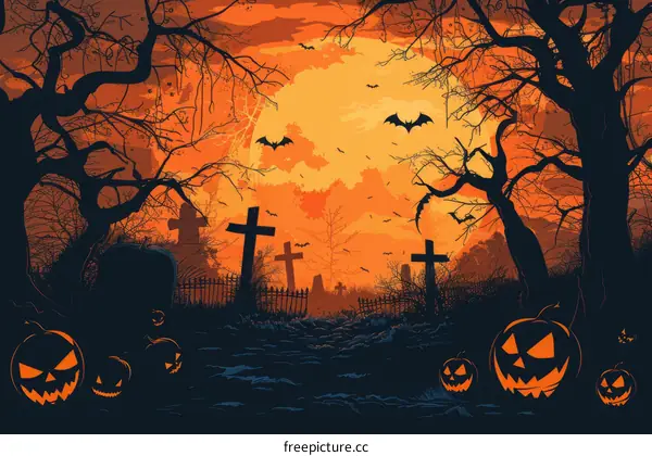 Spooky Graveyard at Night with Pumpkins and Bats