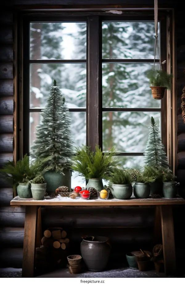 A Snowy Windowsill Display of Potted Plants and Christmas Trees