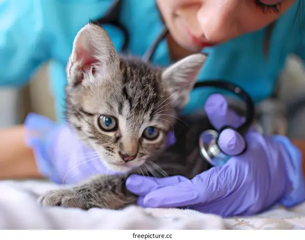 A veterinarian examines a kitten with a stethoscope