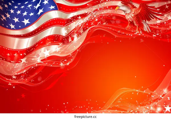 American flag waving in the wind with an eagle flying high