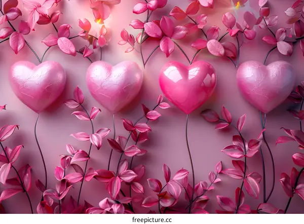 Pink hearts and leaves