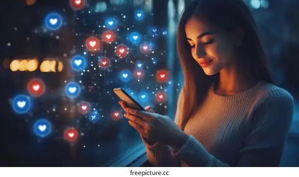 Woman using mobile phone with social media hearts