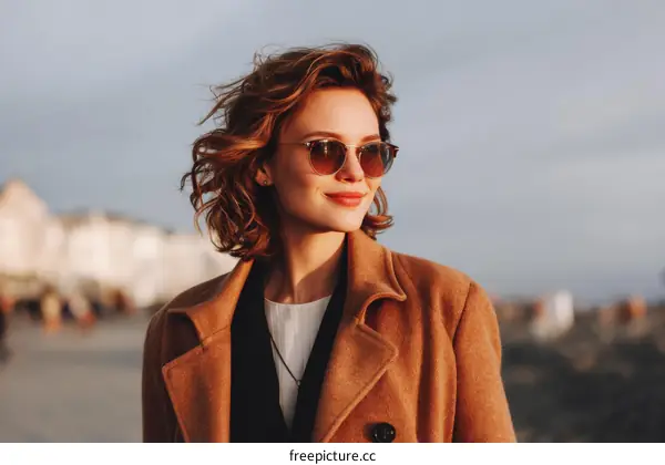 Stylish Woman in a Camel Coat by the Seaside