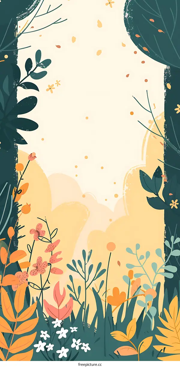 Abstract Floral Illustration with Green and Orange Leaves