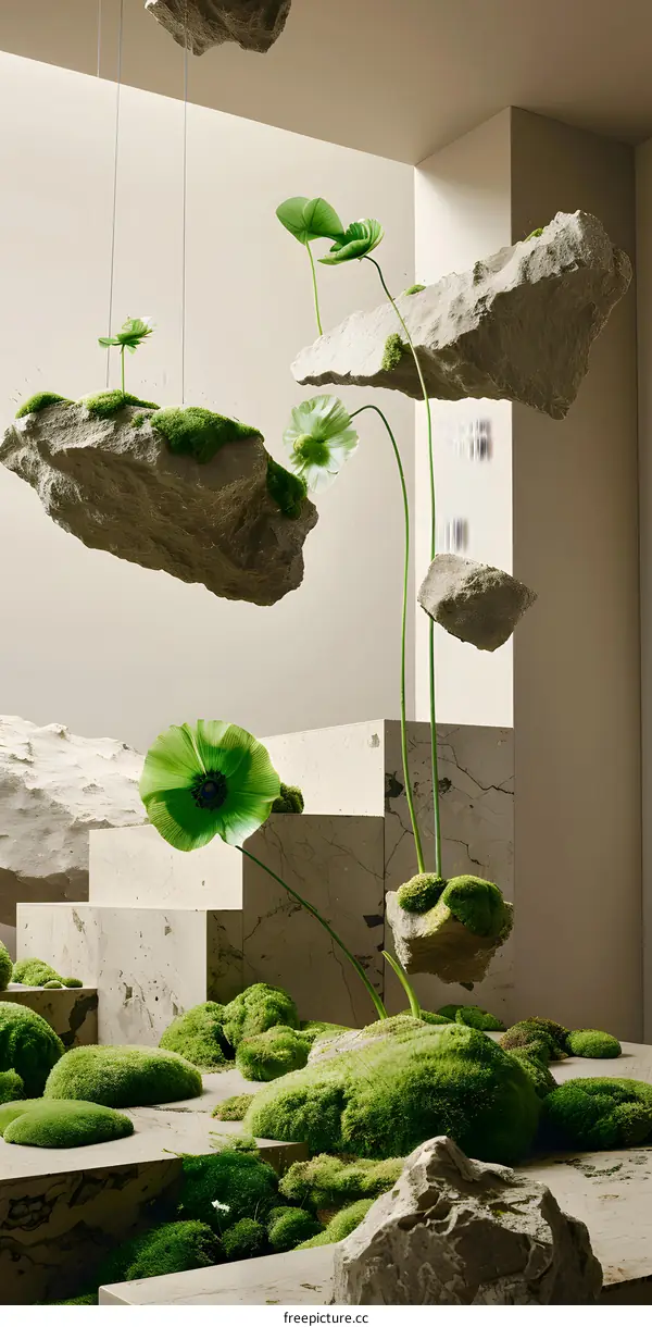 Abstract Floating Rock with Moss and Green Flowers