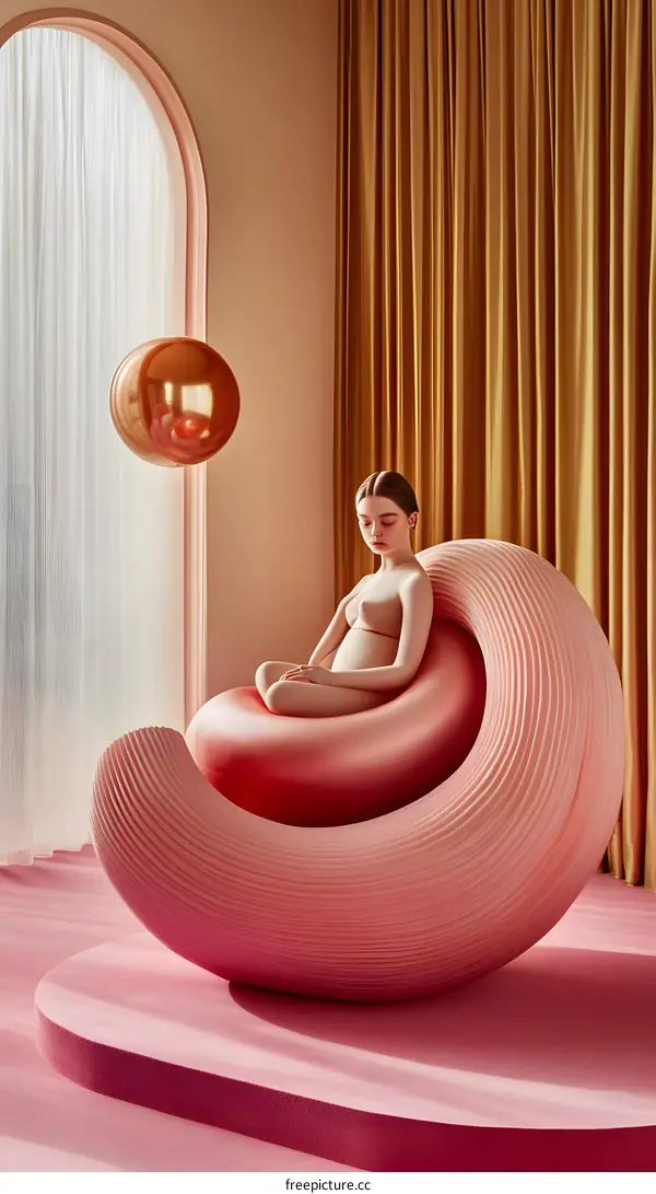 Woman Sitting in Pink Abstract Chair in Room with Golden Curtains