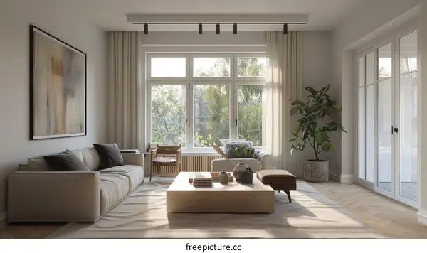Modern Living Room with Large Windows and Gray Sofa