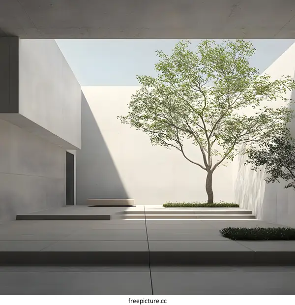 Modern Minimalist Courtyard with Tree and Bench