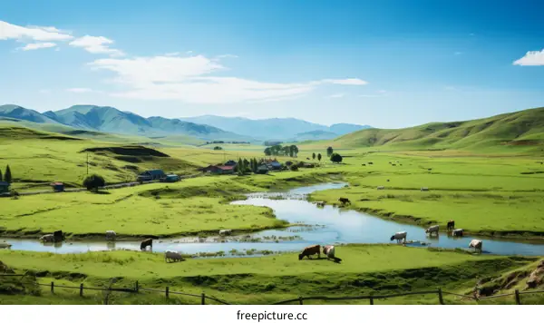 Cows grazing in a lush green field near a river in the countryside