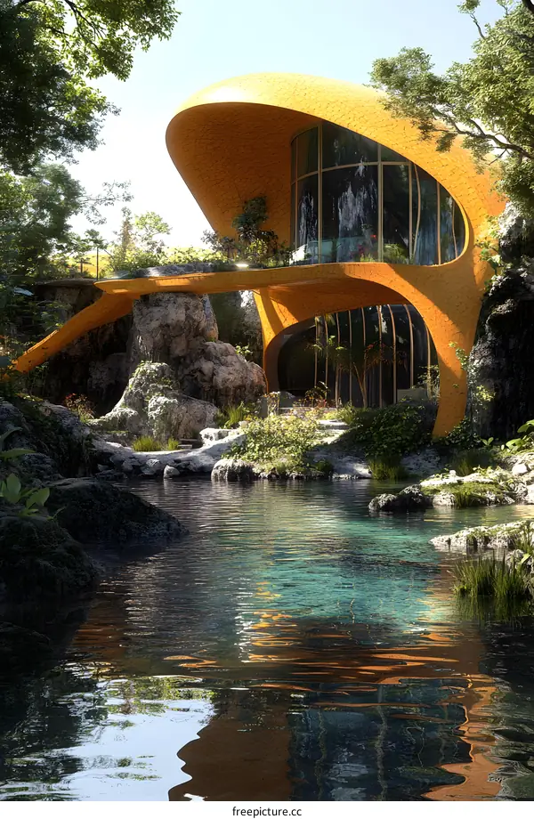 Modern Architecture with Yellow Curved Walls and Surrounding Lush Nature